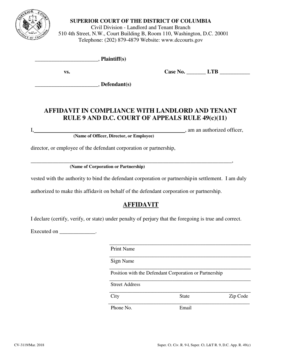 Form CV-3119 Affidavit in Compliance With Landlord and Tenant Rule 9 and D.c. Court of Appeals Rule 49(C)(11) - Washington, D.C., Page 1