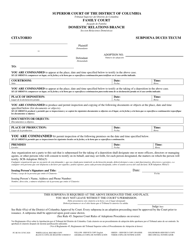 Document preview: Form FC-BI301 Subpoena - Family Court - Washington, D.C. (English/Spanish)
