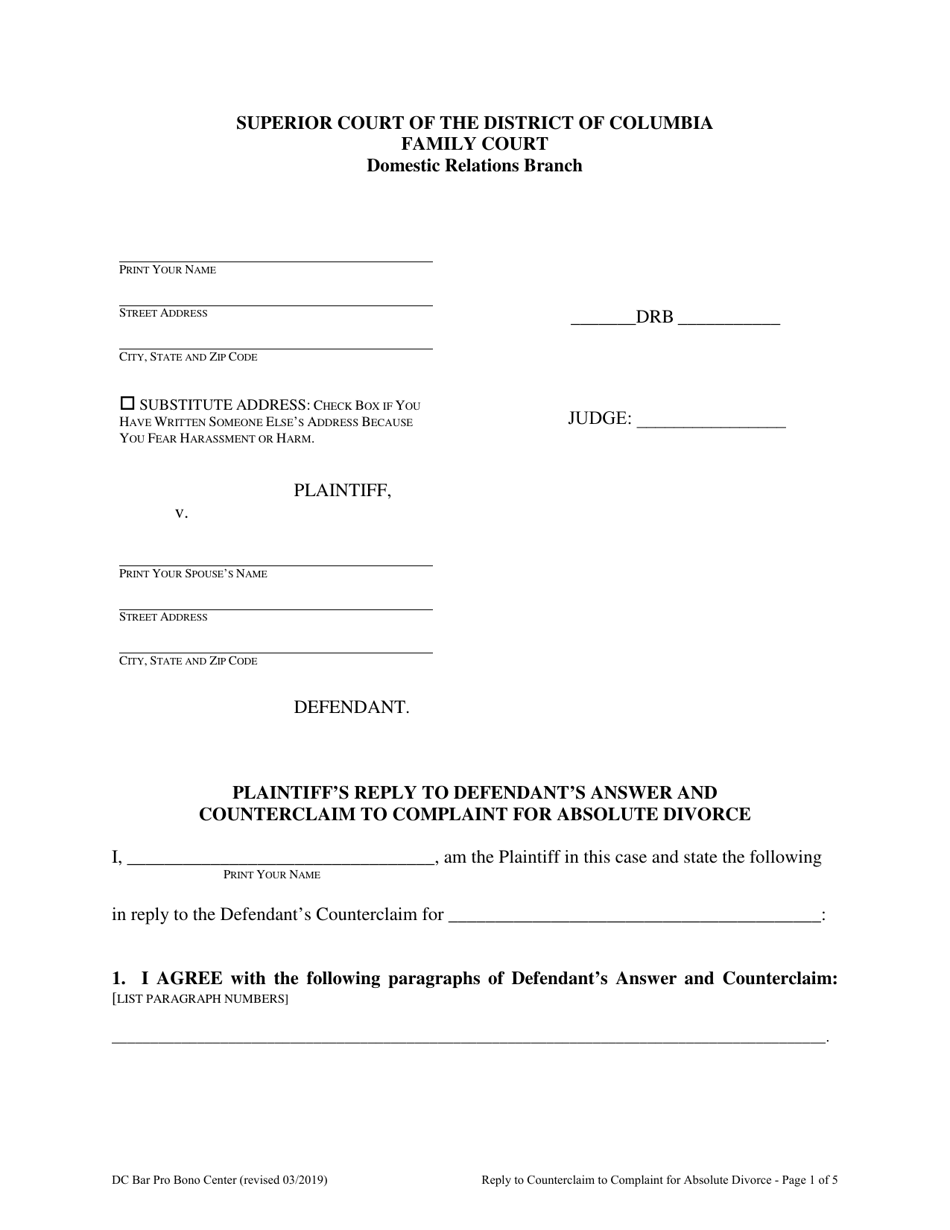 Plaintiffs Reply to Defendants Answer and Counterclaim to Complaint for Absolute Divorce - Washington, D.C., Page 1