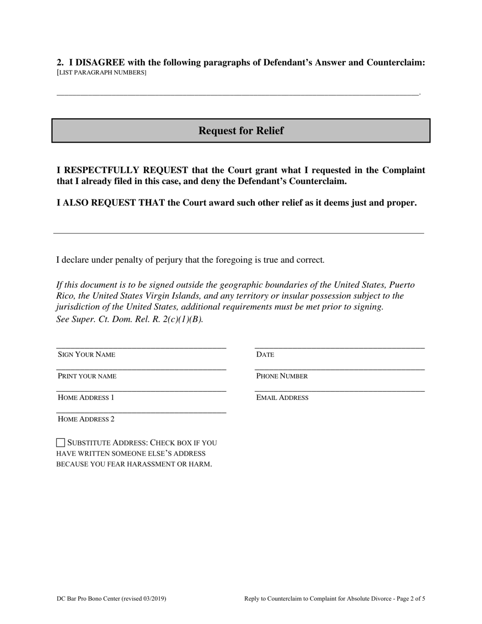 Plaintiffs Reply to Defendants Answer and Counterclaim to Complaint for Absolute Divorce - Washington, D.C., Page 2