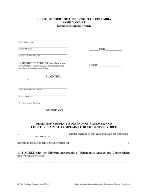 Plaintiff's Reply to Defendant's Answer and Counterclaim to Complaint for Absolute Divorce - Washington, D.C. Download Pdf