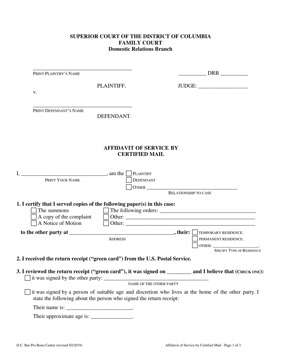 Affidavit of Service by Certified Mail - Washington, D.C., Page 1