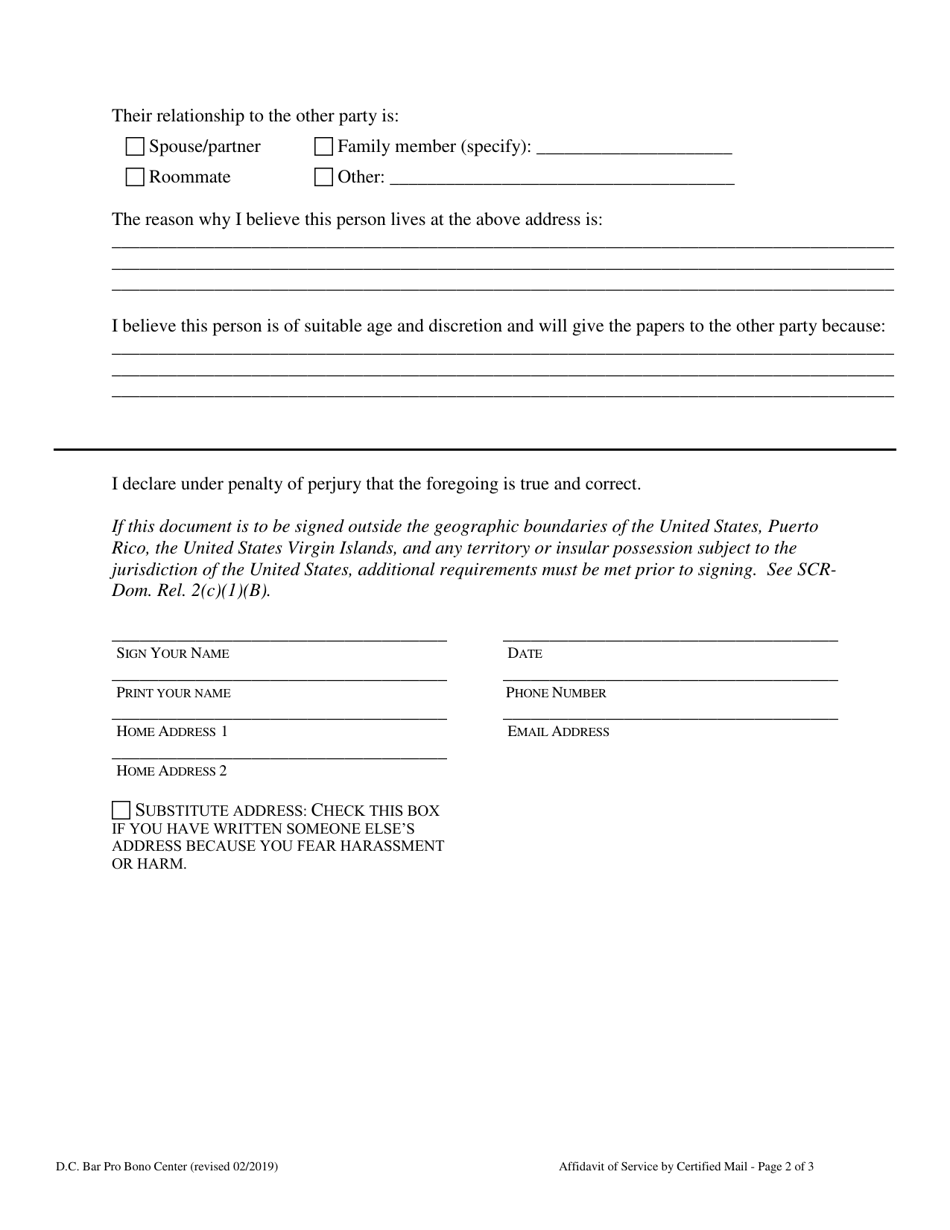 Washington, D.C. Affidavit of Service by Certified Mail - Fill Out ...