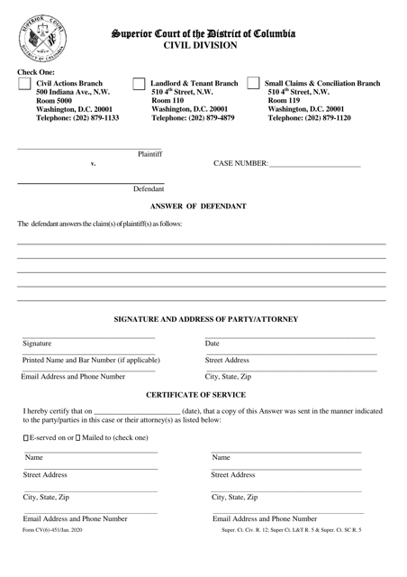 Form CV(6)-451 Answer of Defendant - Washington, D.C.
