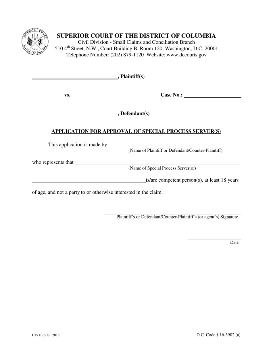 Form CV-3123 Application for Approval of Special Process Server - Washington, D.C., Page 1