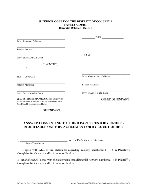 Answer Consenting to Third Party Custody Order - Modifiable Only by Agreement or by Court Order - Washington, D.C. Download Pdf