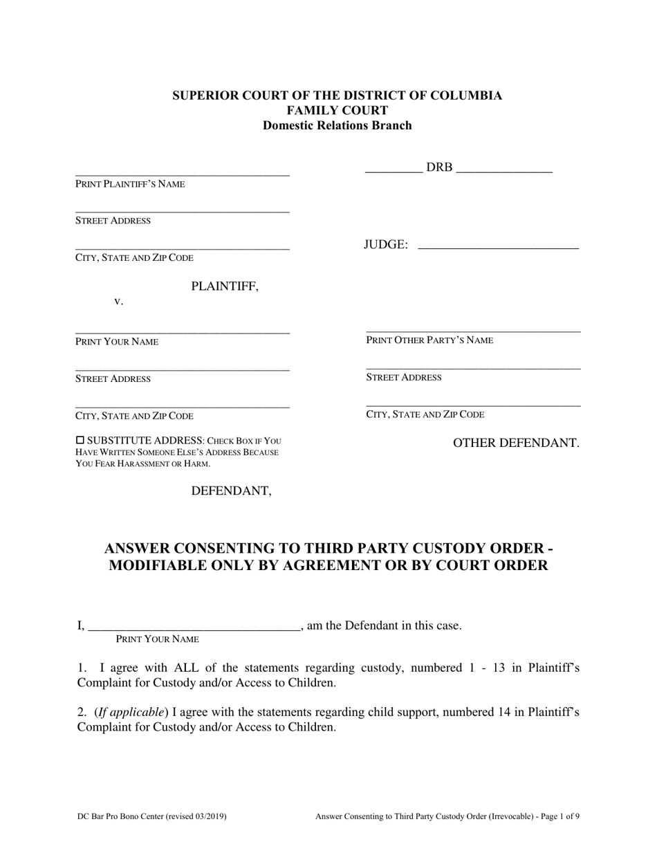 Answer Consenting to Third Party Custody Order - Modifiable Only by Agreement or by Court Order - Washington, D.C., Page 1