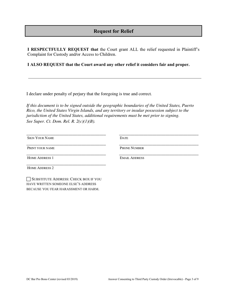 Answer Consenting to Third Party Custody Order - Modifiable Only by Agreement or by Court Order - Washington, D.C., Page 3
