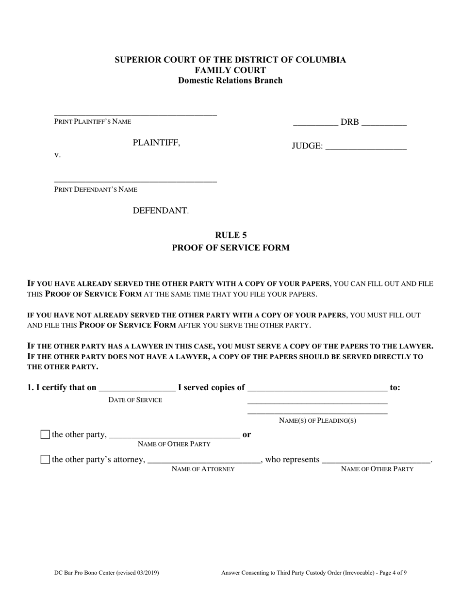 Answer Consenting to Third Party Custody Order - Modifiable Only by Agreement or by Court Order - Washington, D.C., Page 4