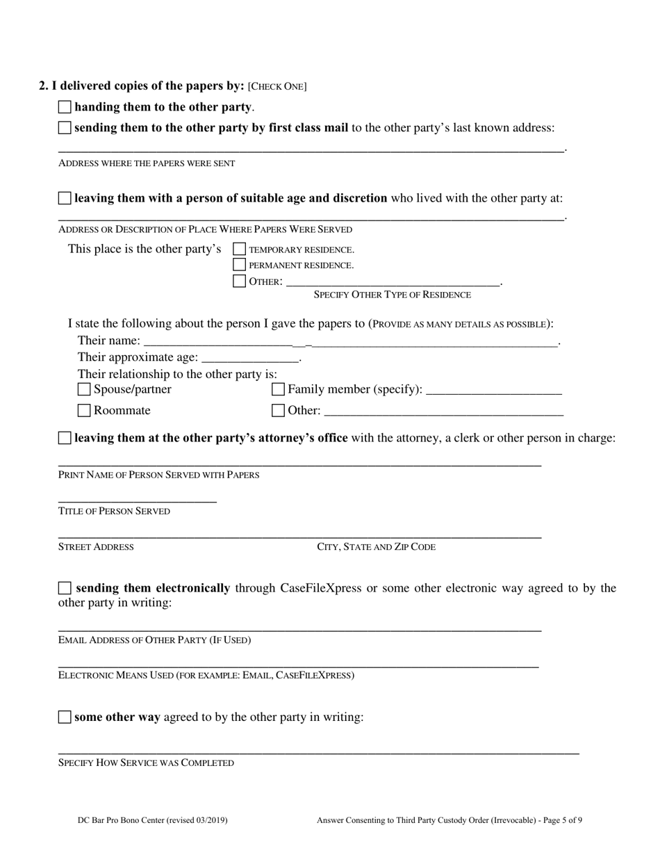 Answer Consenting to Third Party Custody Order - Modifiable Only by Agreement or by Court Order - Washington, D.C., Page 5