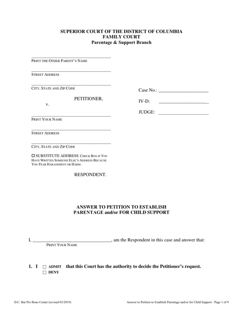 Answer to Petition to Establish Parentage and / or for Child Support - Washington, D.C. Download Pdf