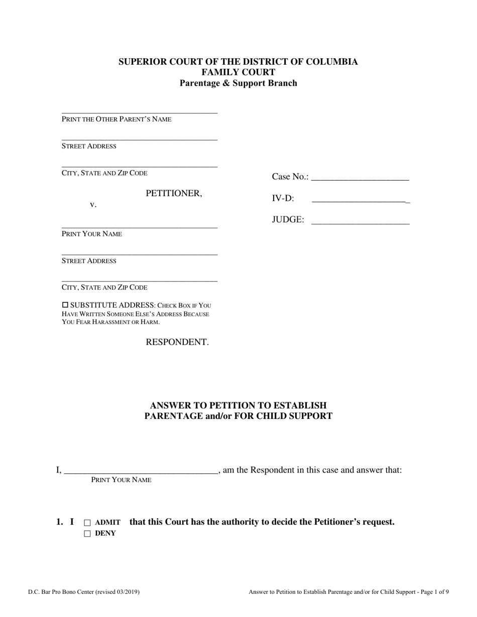 Answer to Petition to Establish Parentage and / or for Child Support - Washington, D.C., Page 1