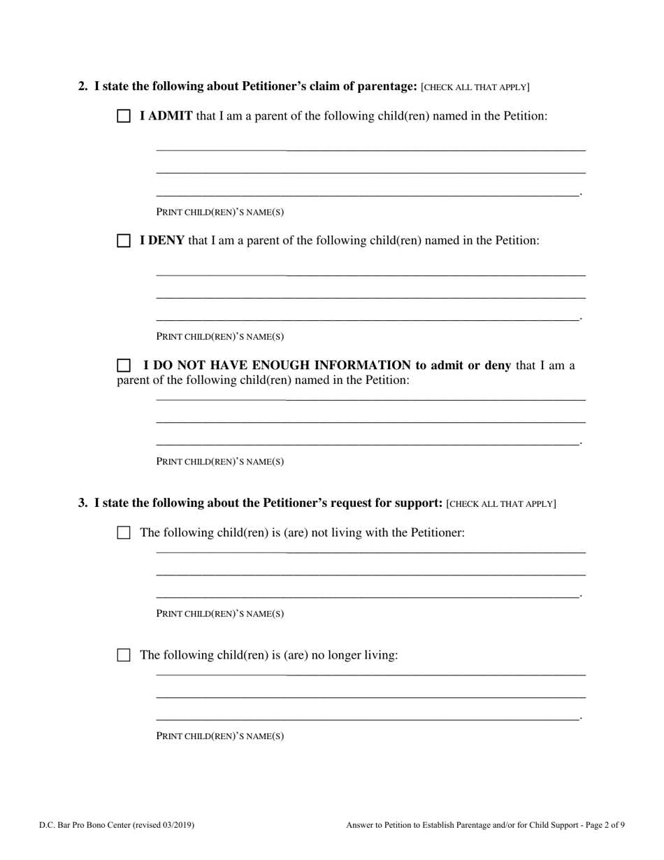 Answer to Petition to Establish Parentage and / or for Child Support - Washington, D.C., Page 2