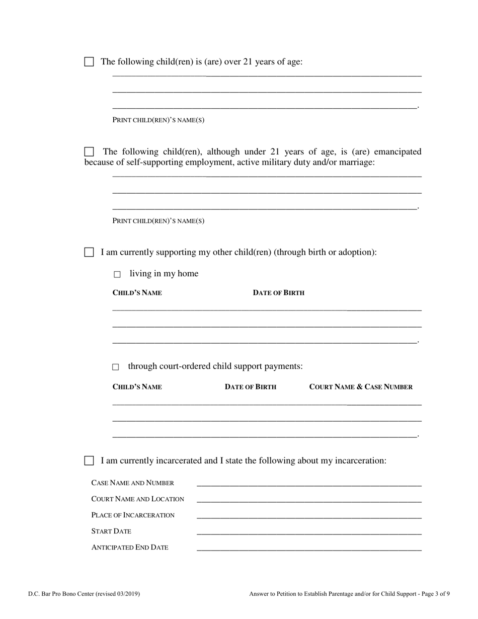 Answer to Petition to Establish Parentage and / or for Child Support - Washington, D.C., Page 3