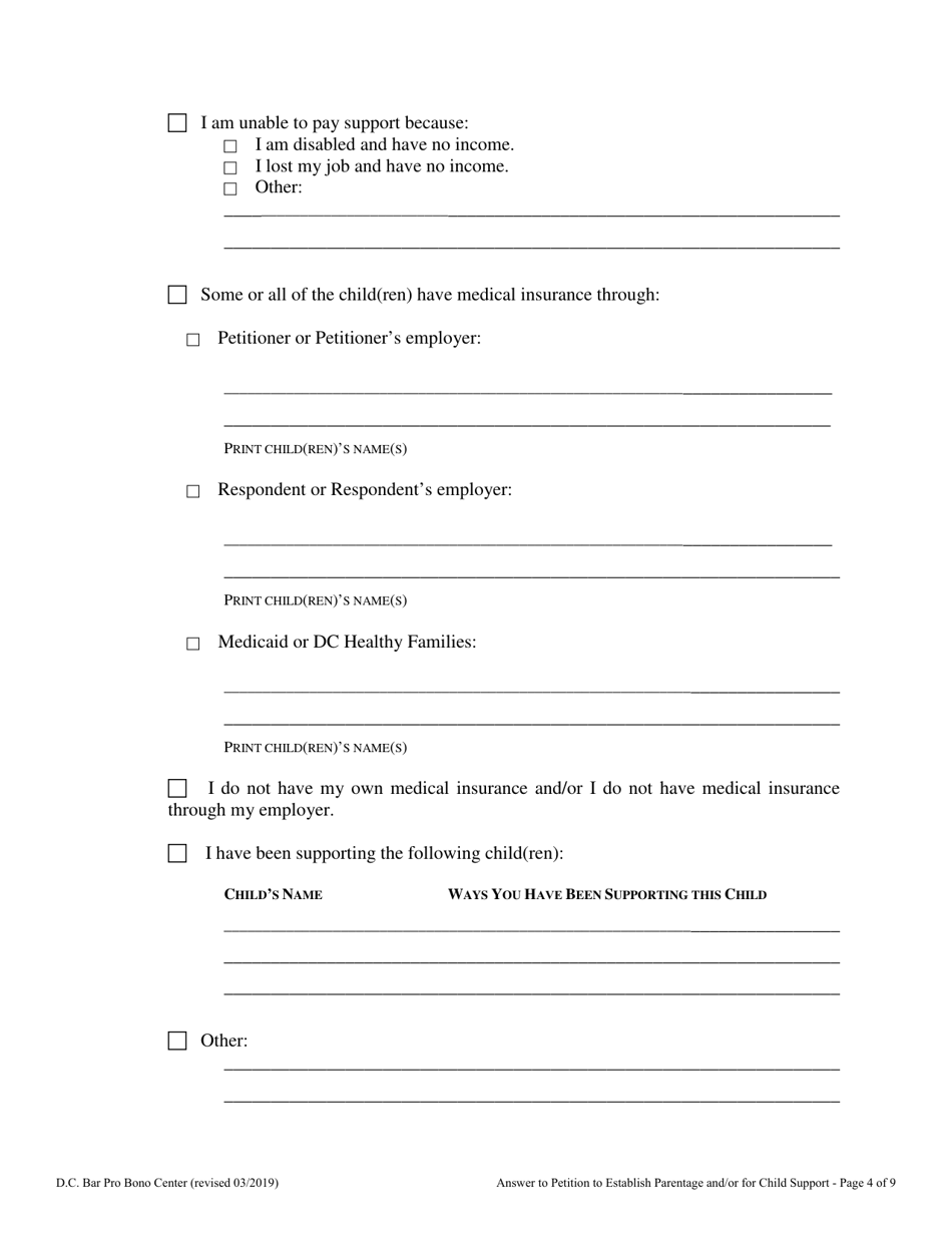Answer to Petition to Establish Parentage and / or for Child Support - Washington, D.C., Page 4