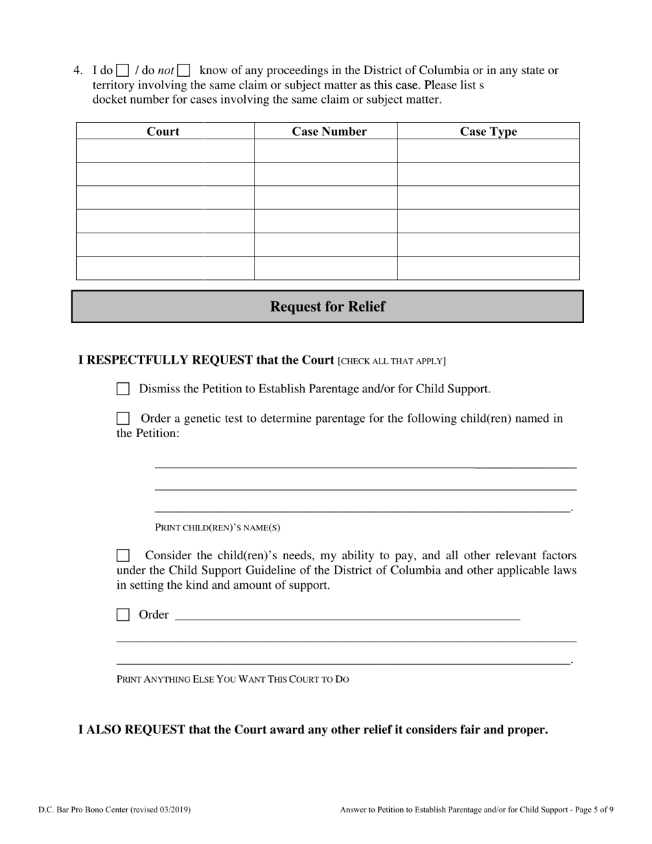 Answer to Petition to Establish Parentage and / or for Child Support - Washington, D.C., Page 5