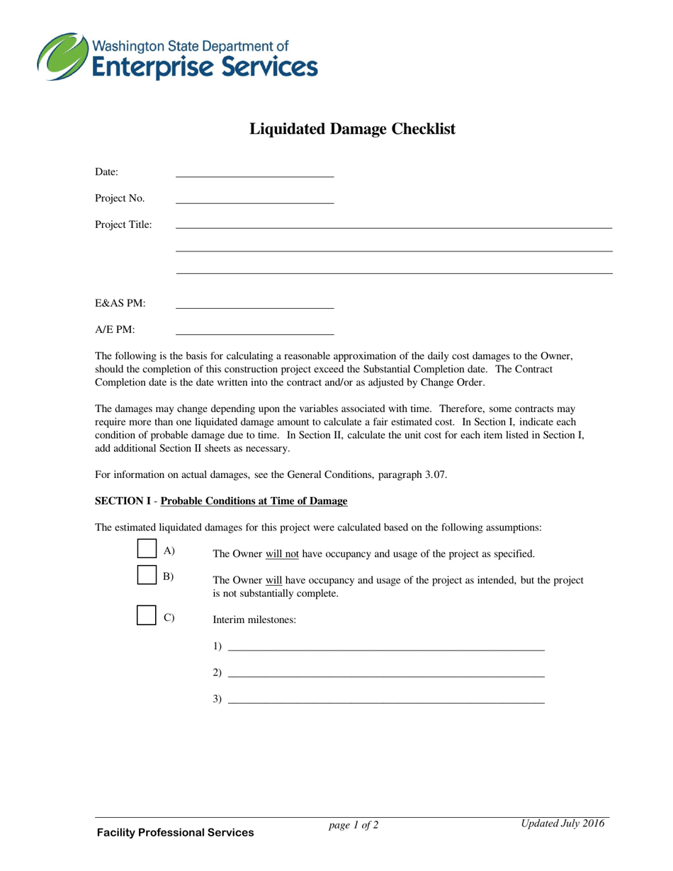 Liquidated Damage Checklist - Washington, Page 1