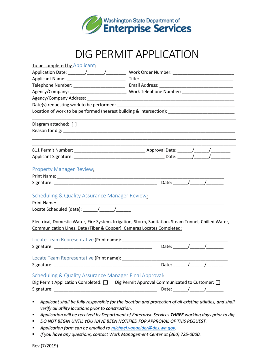 Dig Permit Application - Washington, Page 1