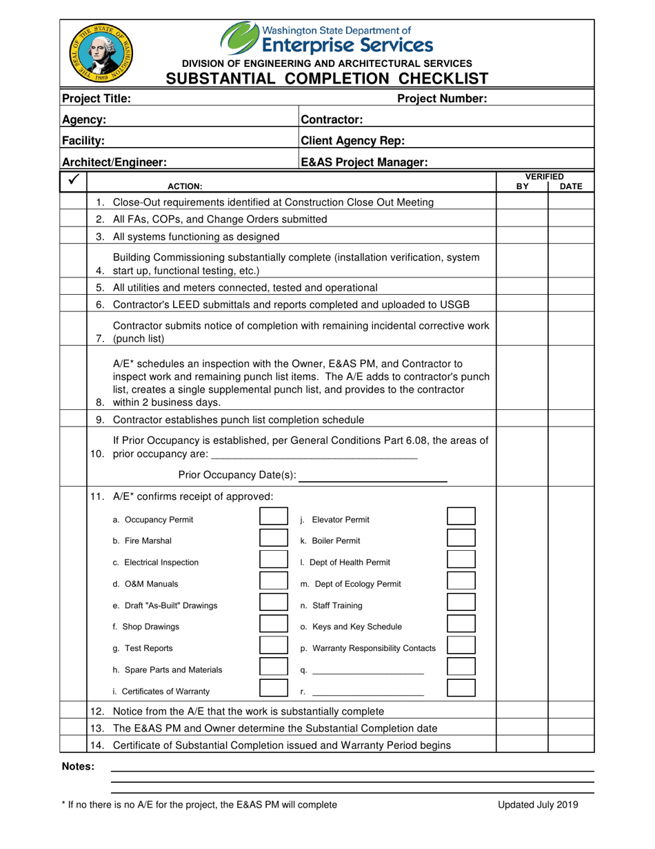 Substantial Completion Checklist - Washington, Page 1