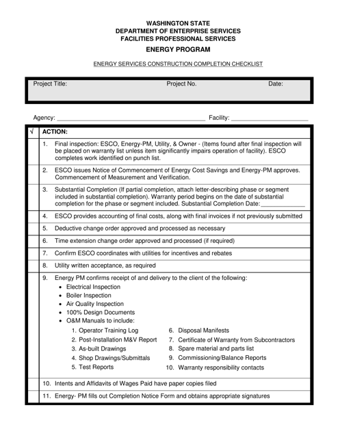 Energy Services Construction Completion Checklist - Washington Download Pdf