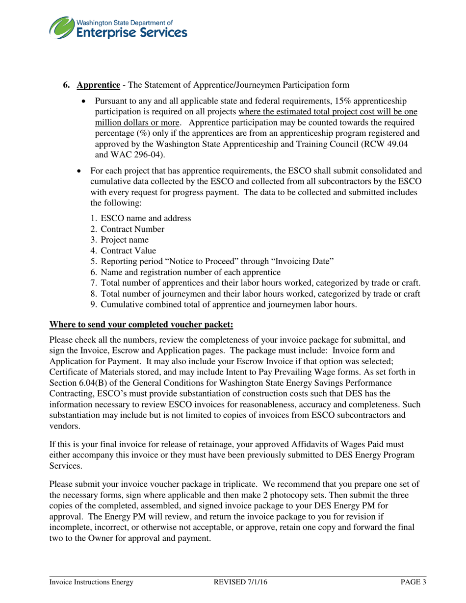 Instructions for Submittal of Esco Invoice for Payment - Washington, Page 3