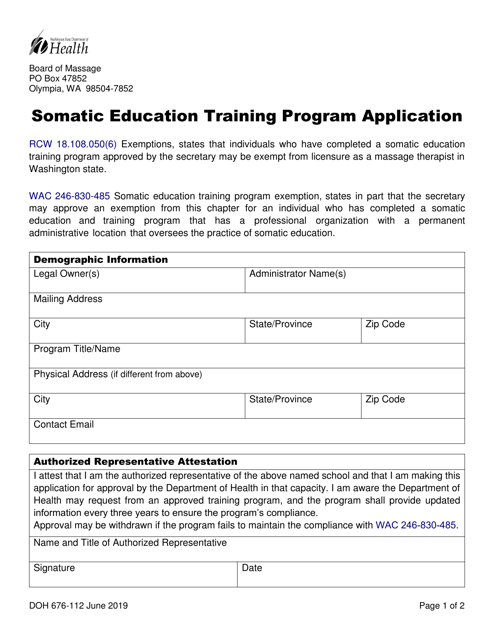 DOH Form 676-112 Somatic Education Training Program Application - Washington
