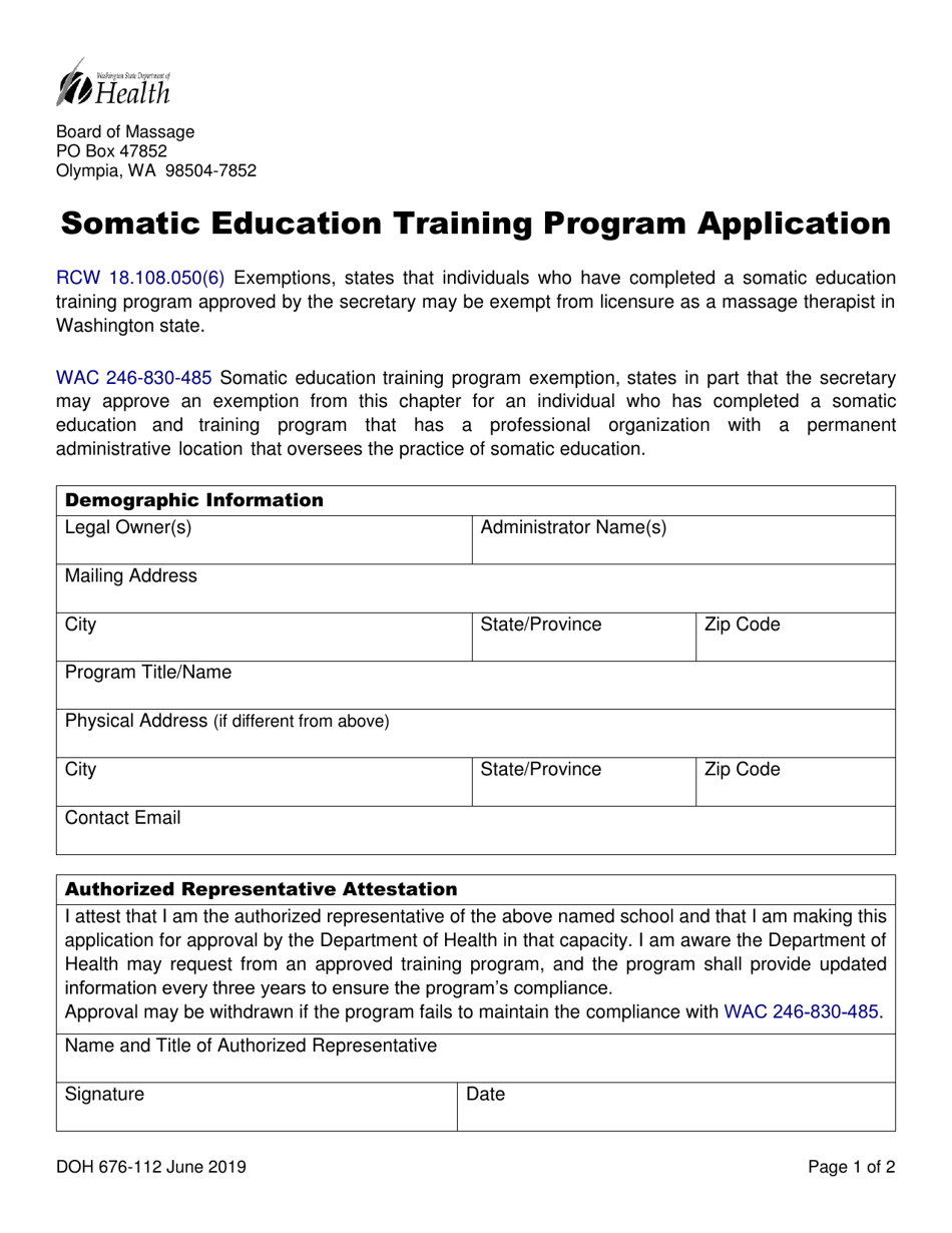 DOH Form 676-112 Somatic Education Training Program Application - Washington, Page 1