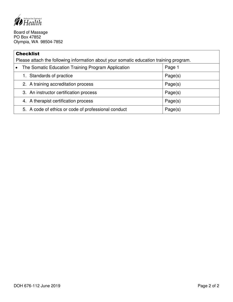 DOH Form 676-112 Somatic Education Training Program Application - Washington, Page 2