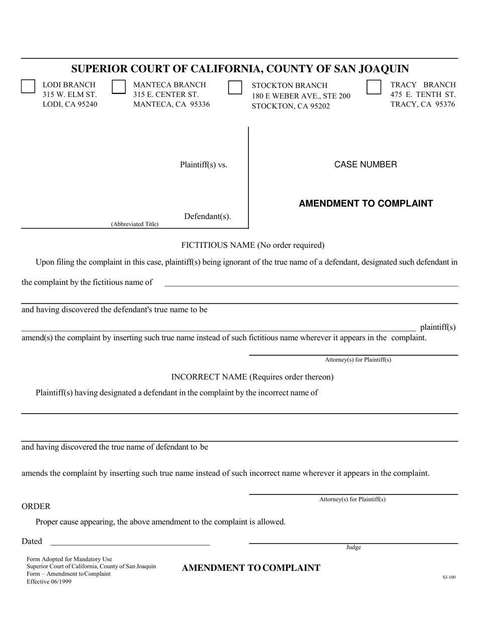 Form SJ-100 Amendment to Complaint - County of San Joaquin, California, Page 1