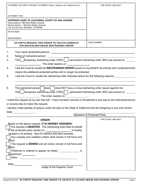 Ex Parte Request and Order to Vacate Domestic Violence/Elder Abuse Restraining Order - County of San Joaquin, California Download Pdf