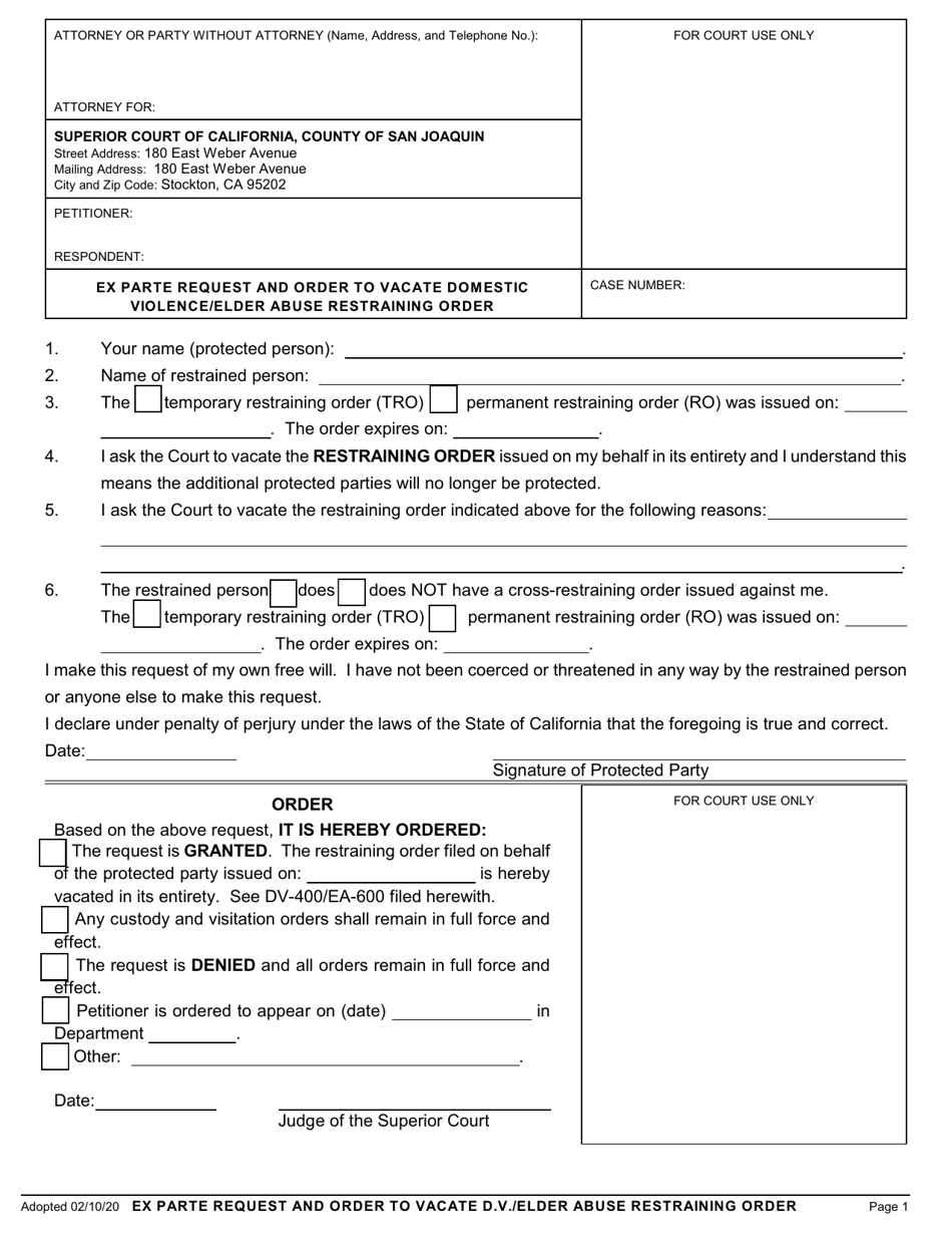 County of San Joaquin, California Ex Parte Request and Order to Vacate ...