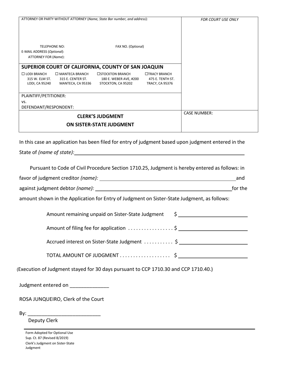 Form Sup Ct87 Clerks Judgment on Sister-State Judgment - County of San Joaquin, California, Page 1