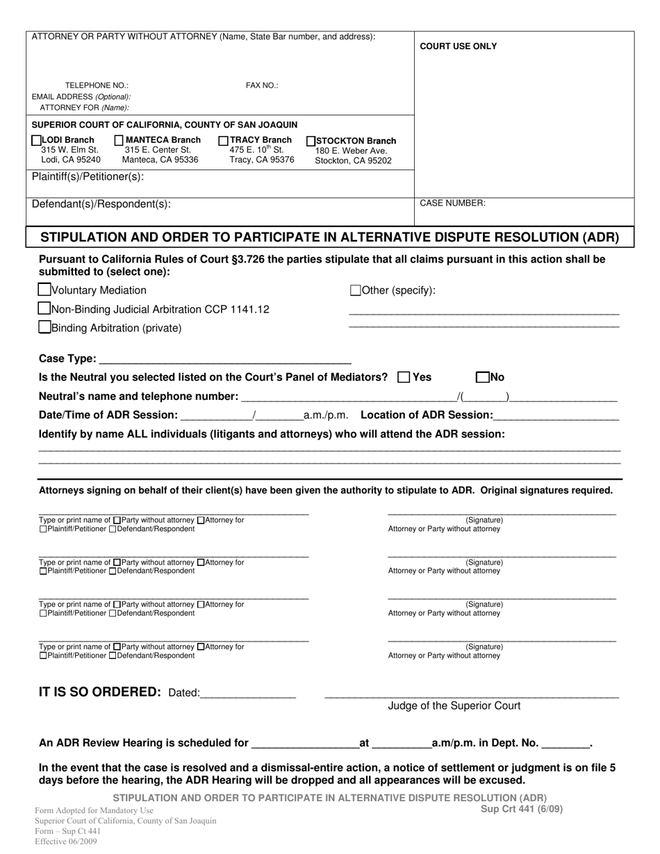 Form Sup Ct441 Stipulation and Order to Participate in Alternative Dispute Resolution (Adr) - County of San Joaquin, California, Page 1