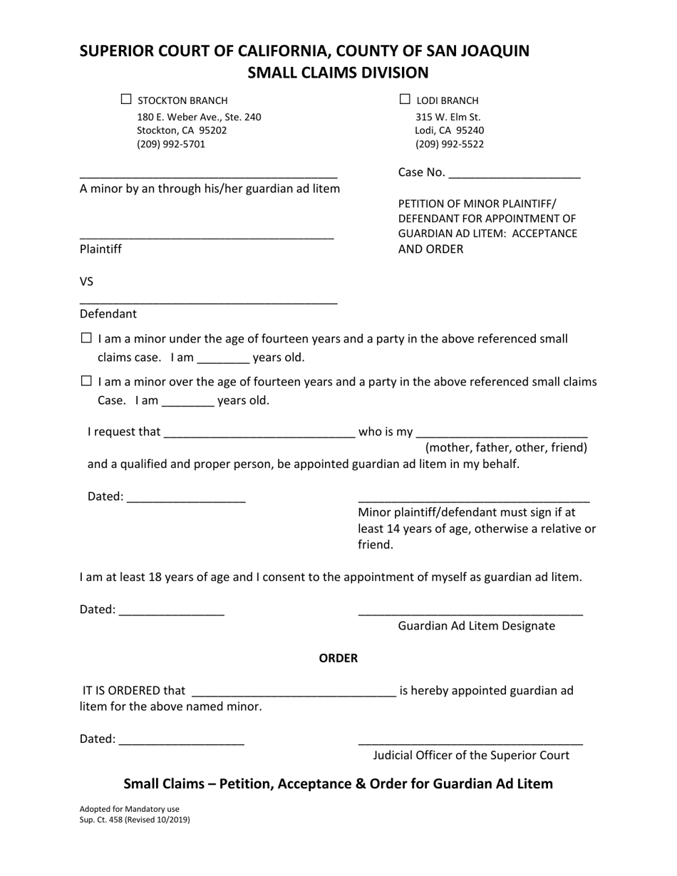 Form Sup Ct458 Petition, Acceptance and Order for Guardian Ad Litem - County of San Joauin, California, Page 1