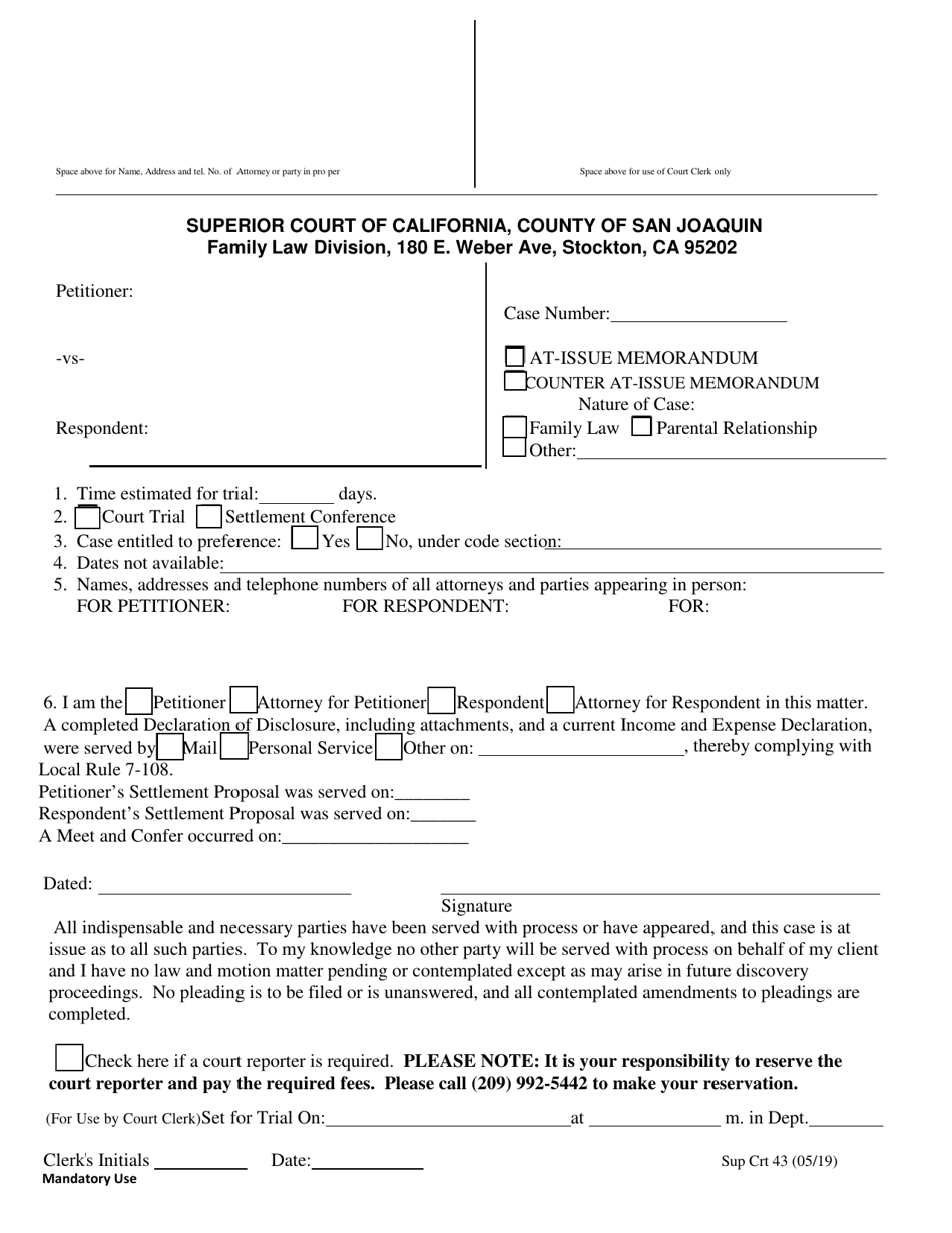 Form Sup Crt43 At-Issue Memorandum - County of San Joaquin, California, Page 1