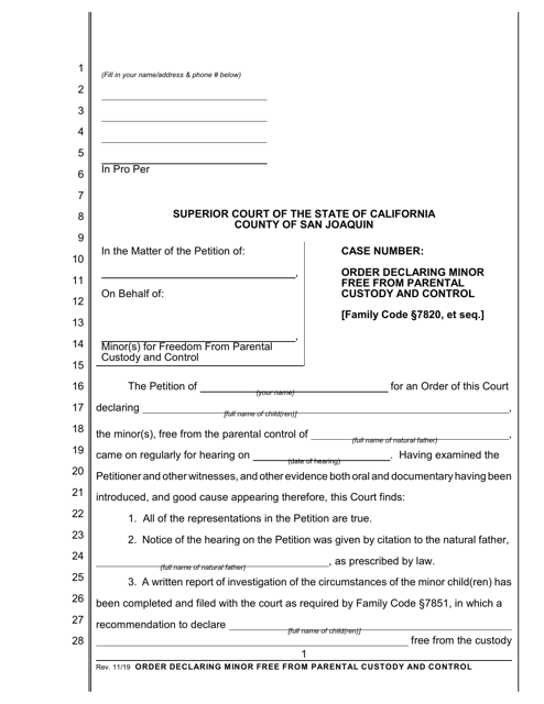 Order Declaring Minor Free From Parental Custody and Control - County of San Joaquin, California Download Pdf