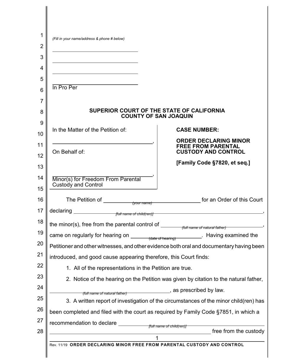 Order Declaring Minor Free From Parental Custody and Control - County of San Joaquin, California, Page 1