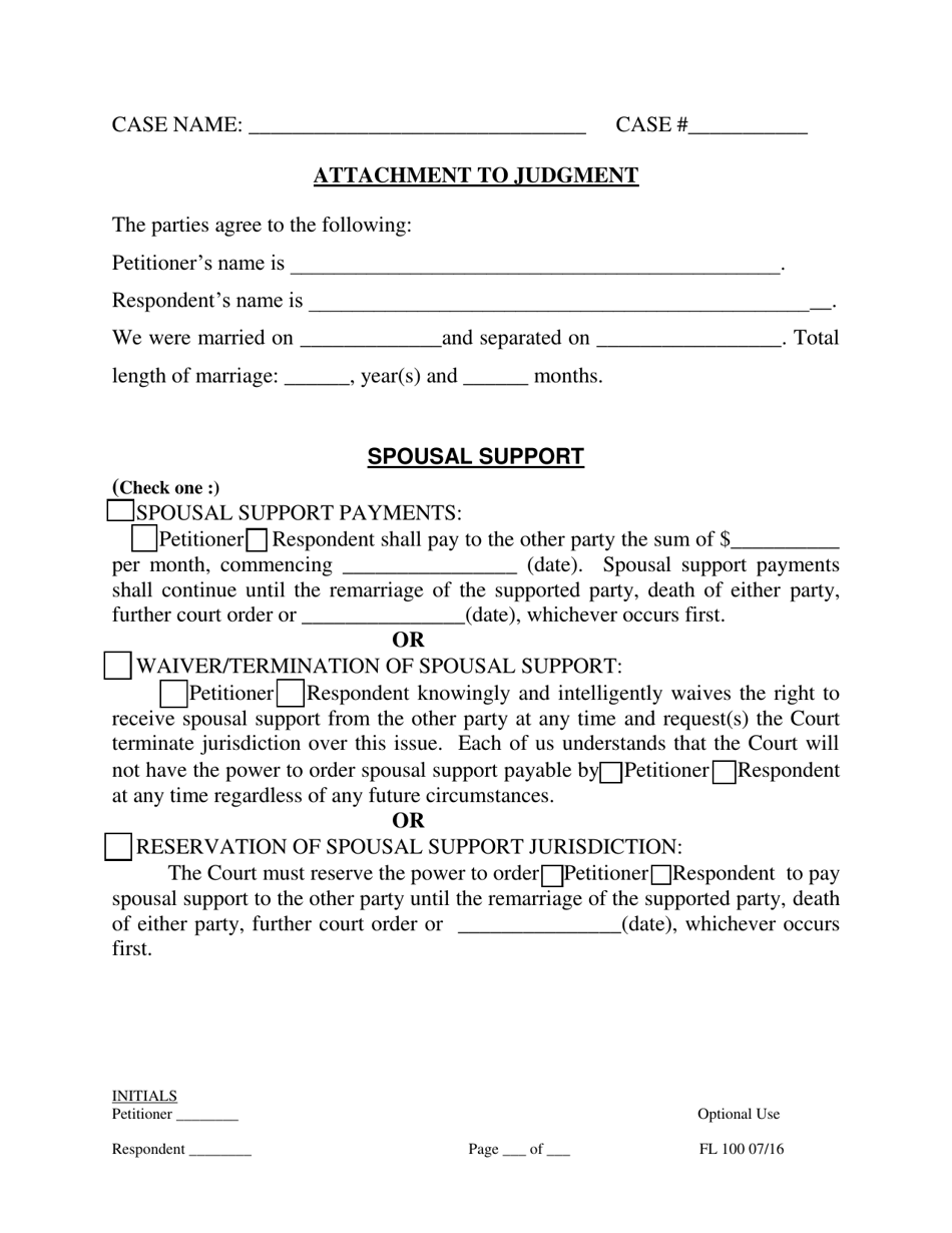 Form FL100 Attachment to Judgment - County of San Joaquin, California, Page 1