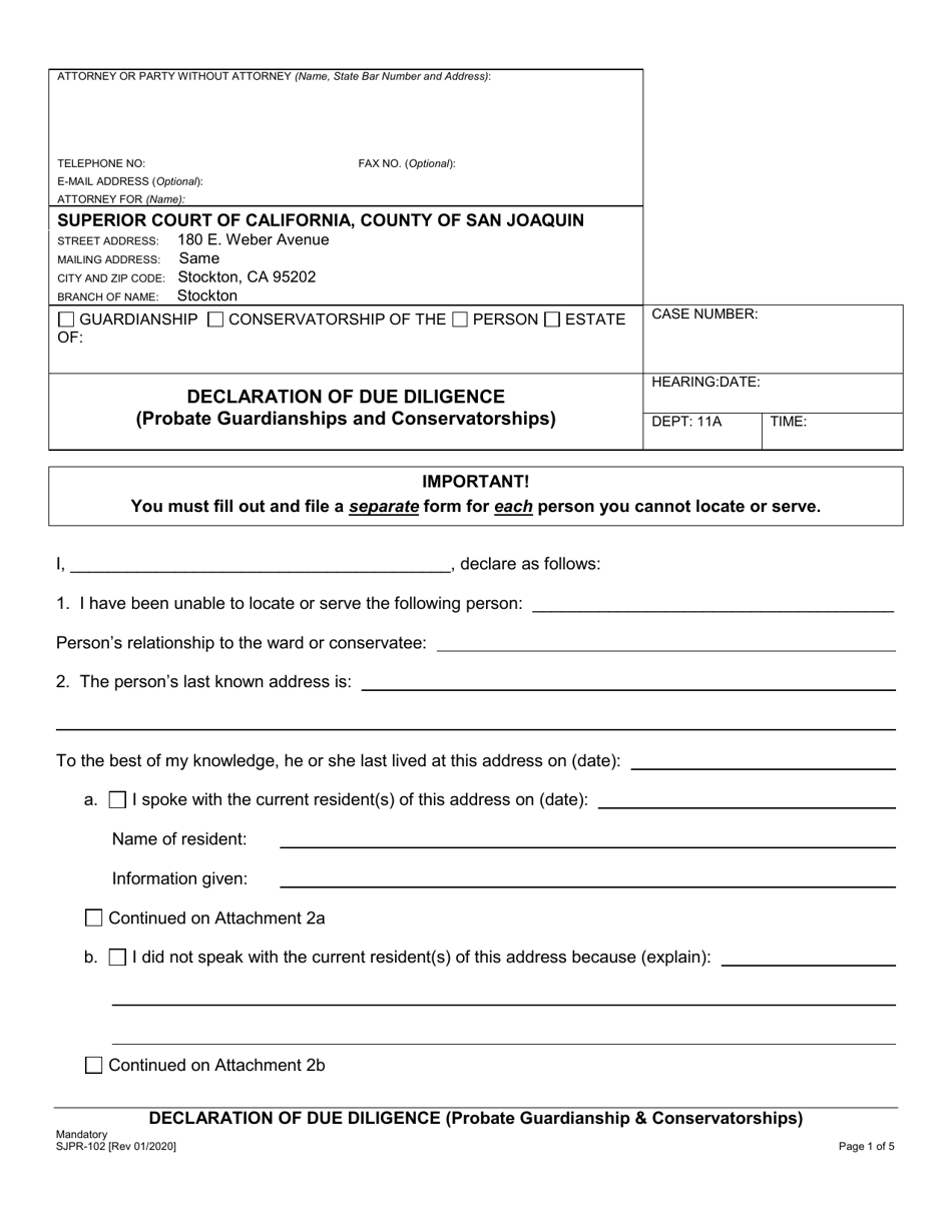 Form SJPR-102 Declaration of Due Diligence (Probate Guardianship  Conservatorships) - County of San Joaquin, California, Page 1
