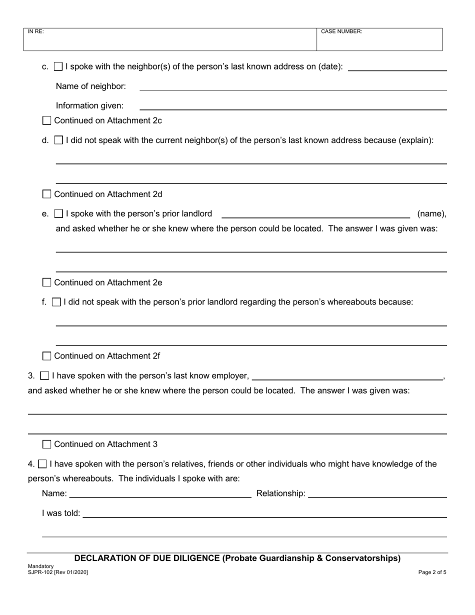 Form SJPR-102 Declaration of Due Diligence (Probate Guardianship  Conservatorships) - County of San Joaquin, California, Page 2