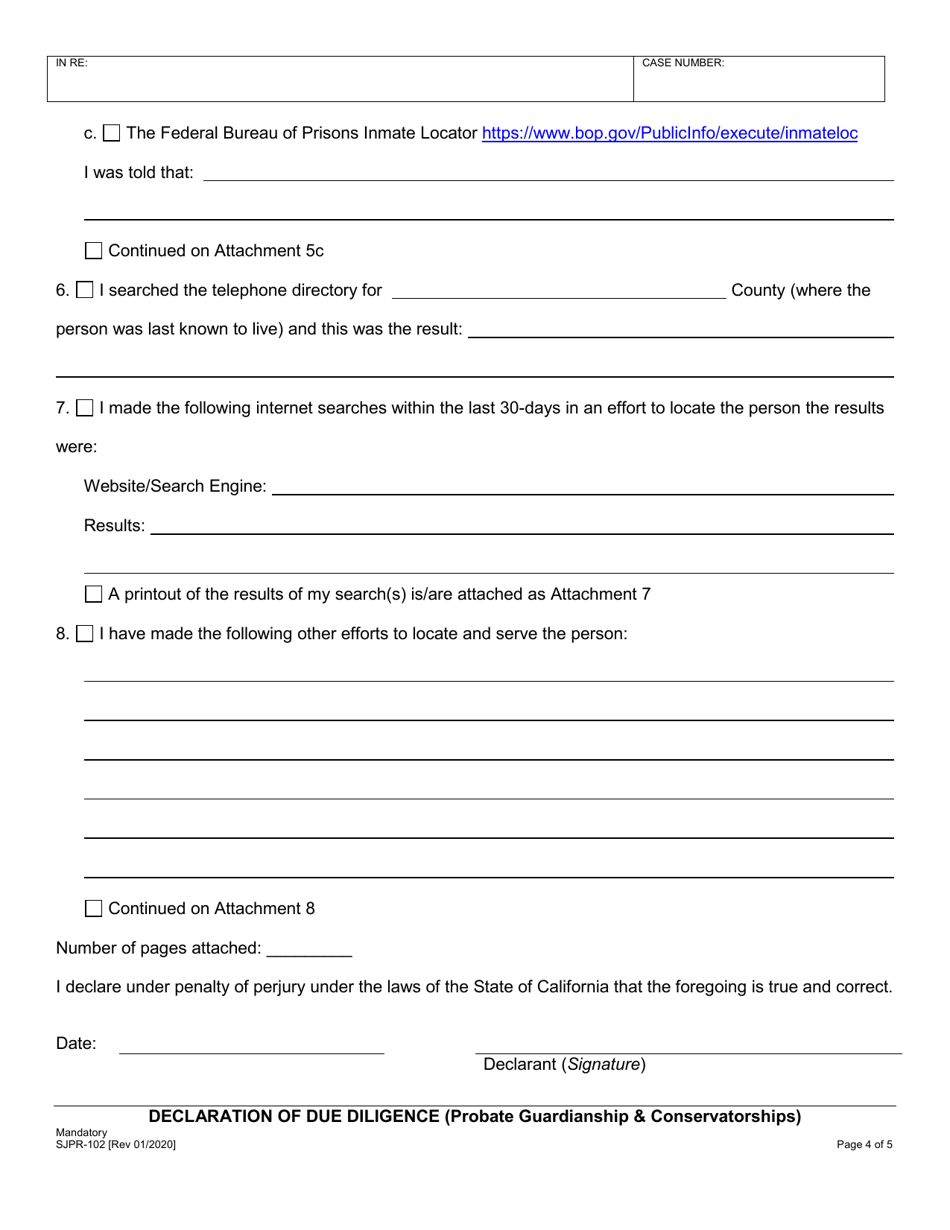 Form SJPR-102 Declaration of Due Diligence (Probate Guardianship  Conservatorships) - County of San Joaquin, California, Page 4