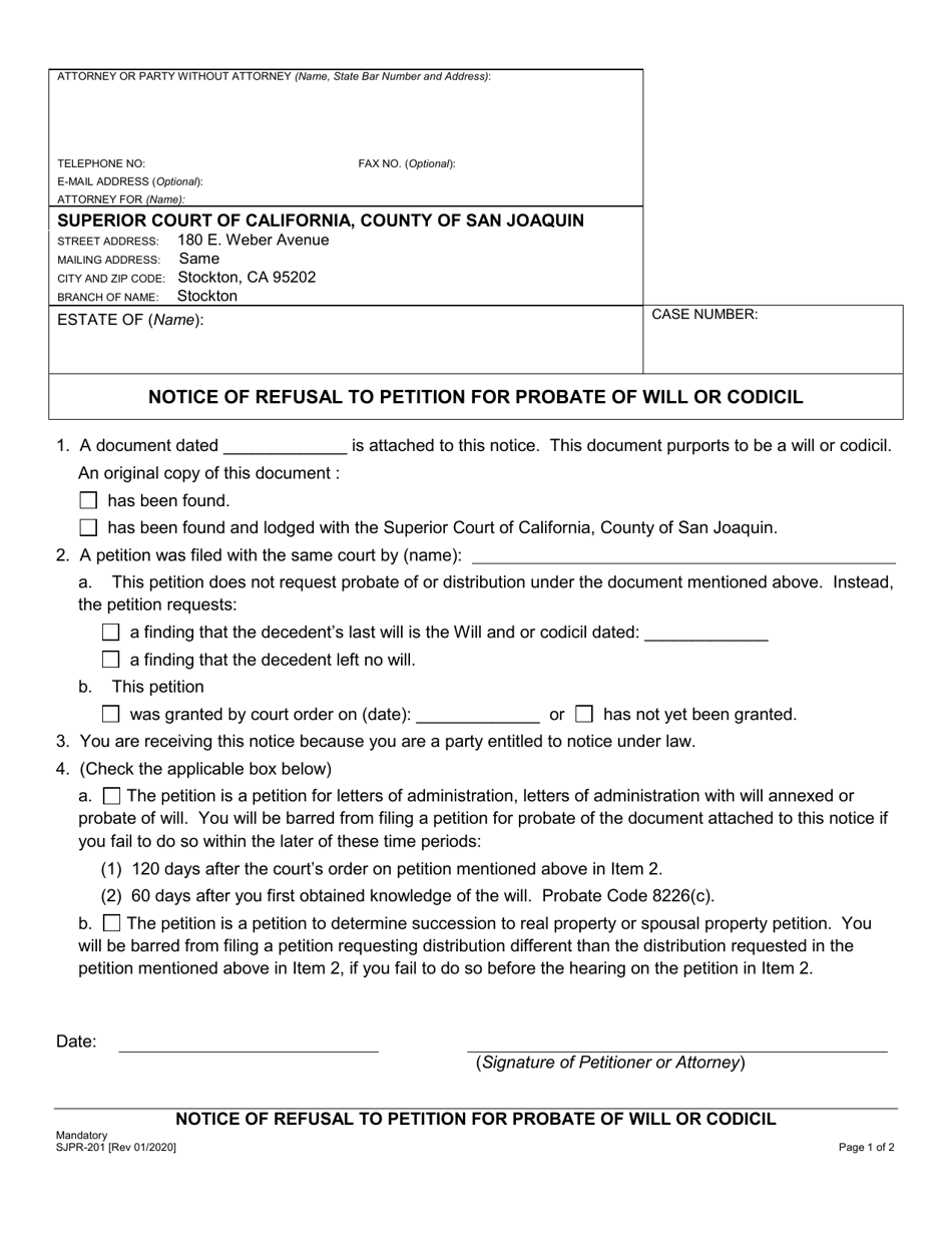 Form SJPR-201 Notice of Refusal to Petition for Probate of Will or Codicil - County of San Joaquin, California, Page 1