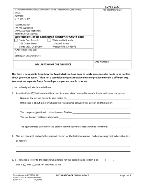 Form SUPCV-0147 Declaration of Due Diligence - County of Santa Cruz, California