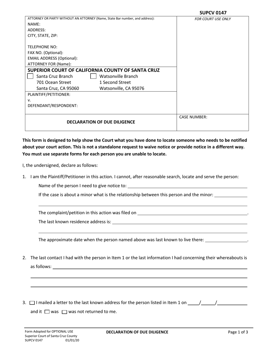 Form SUPCV-0147 Declaration of Due Diligence - County of Santa Cruz, California, Page 1