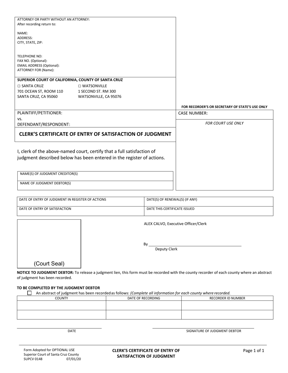 Form SUPCV0148 Clerks Certificate of Entry of Satisfaction of Judgment - County of Santa Cruz, California, Page 1