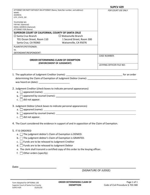 Form SUPCV429 Order Determining Claim of Exemption (Enforcement of Judgment) - County of Santa Cruz, California