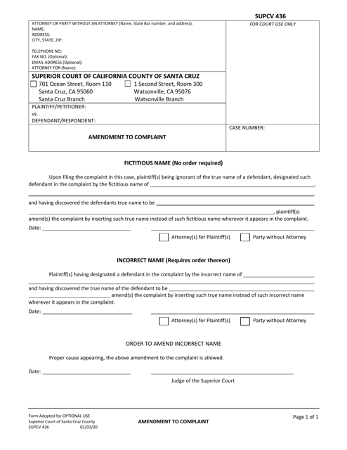 Form SUPCV436 Amendment to Complaint - County of Santa Cruz, California
