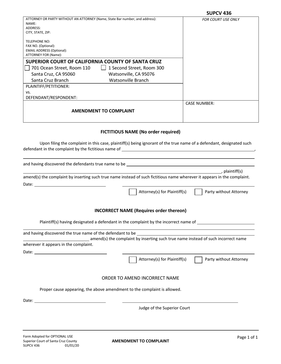 Form SUPCV436 Amendment to Complaint - County of Santa Cruz, California, Page 1