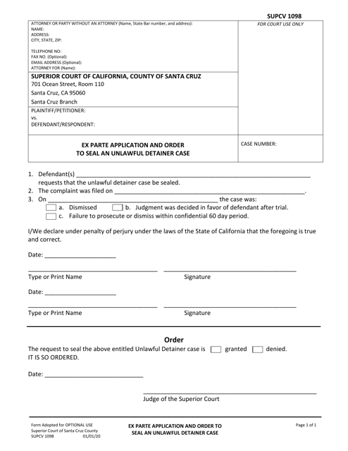 Form SUPCV1098 Ex Parte Application and Order to Seal an Unlawful Detainer Case - County of Santa Cruz, California
