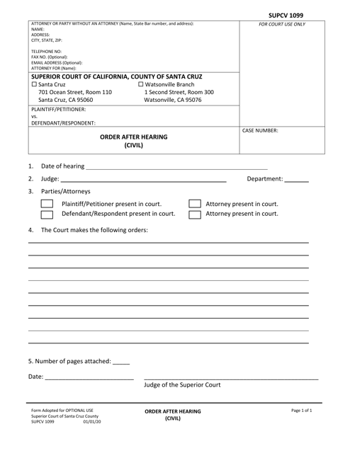 Form SUPCV1099 Order After Hearing (Civil) - County of Santa Cruz, California